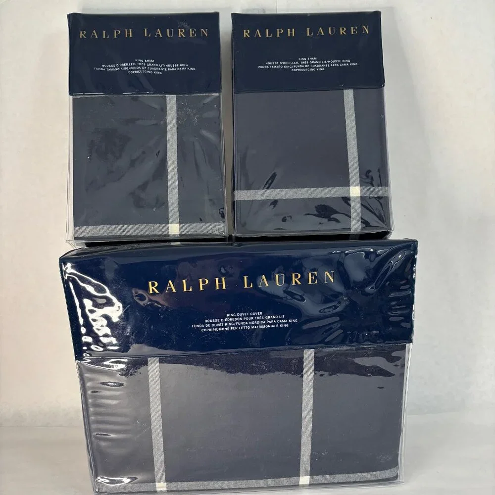 NWT Ralph Lauren Modern Equestrian Windowpane Navy/Cream King Duvet/shams set